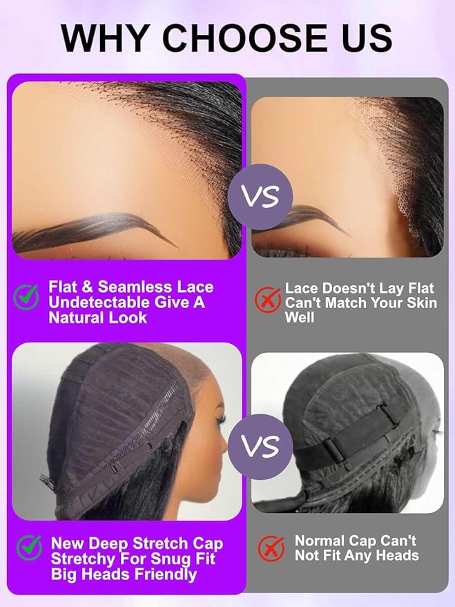 YIROO No Slip 7x5 Bye Bye Knots Yaki Straight Lace Front Glueless Drawstring Wig Human Hair with Deep Stretch Cap Fits All Head Sizes,Pre-Plucked Pre-Cut Wear and Go Wig for Women 150% Density 16Inch