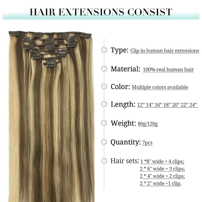 DOORES Clip in Human Hair Extensions - Ombre Medium Brown Highlighted Golden Blonde, 120g 7pcs 20 Inch Remy Straight Thick Natural Hair