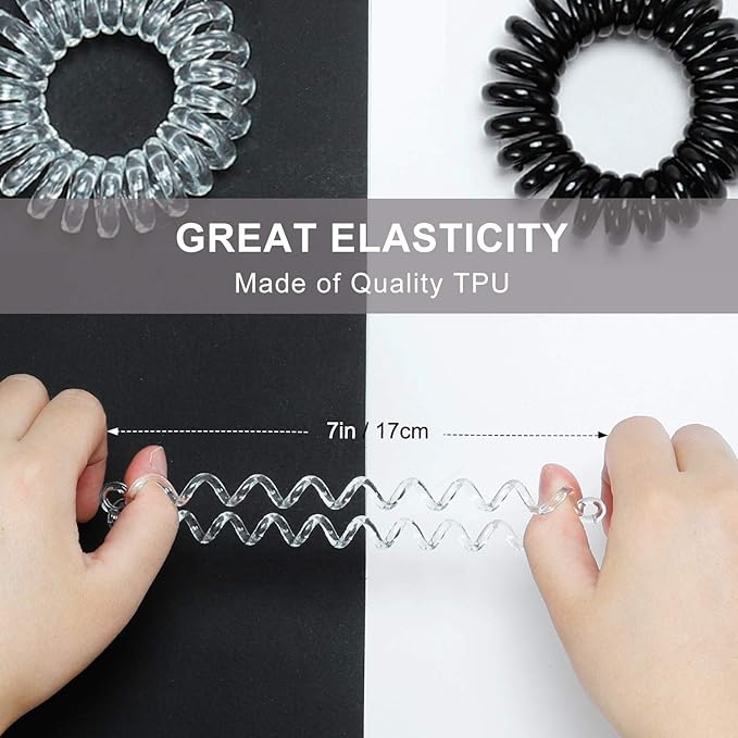 TailaiMei 30 Pcs Spiral Hair Ties, No Crease Coil Phone Cord Hair Ties for Thick Hair - Women Ponytail Holder Elastics(Black&Transparent)