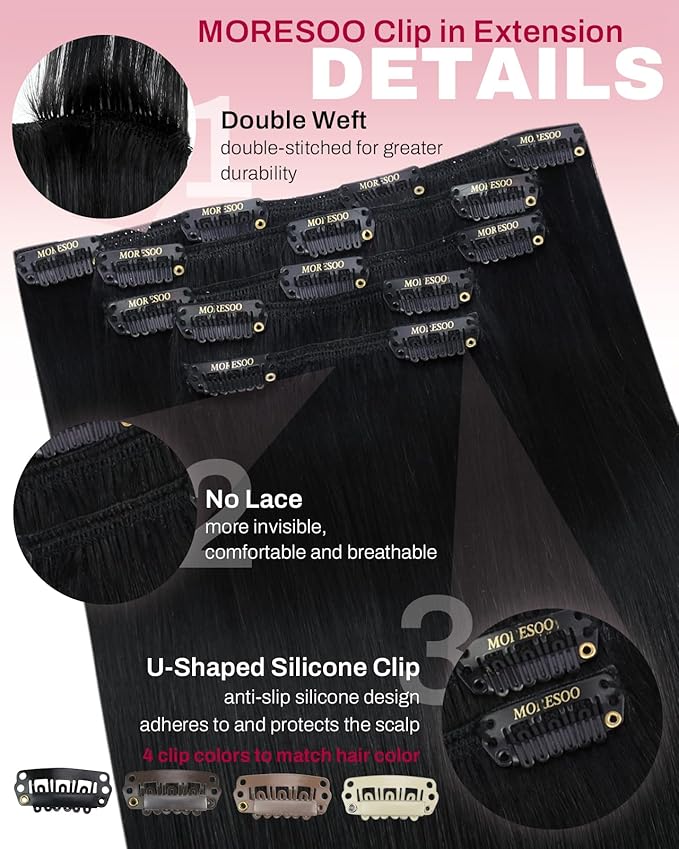 Moresoo Clip in Hair Extensions Real Human Hair Black 5pcs 80g Remy Straight Invisible Lace Double Weft Jet Black Human Hair Clip in Extensions #1 22inch