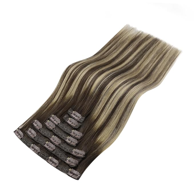 YoungSee Invisible Clip in Hair Extensions Human Hair Brown Balayage Clip on Hair Extensions Chocolate Brown with Ash Blonde Balayage Clip ins Real Human Hair Extension for Natural Look 120G 7Pcs 16In