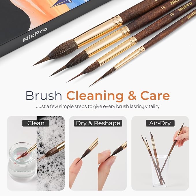 Nicpro 8 PCS Professional Watercolor Brushes, Extended Needle Point Brush Set, Sable Watercolor Brushes with Synthetic Extra Long Tip for Fine Detailing - Watercolor Acrylic Gouache Inks Painting