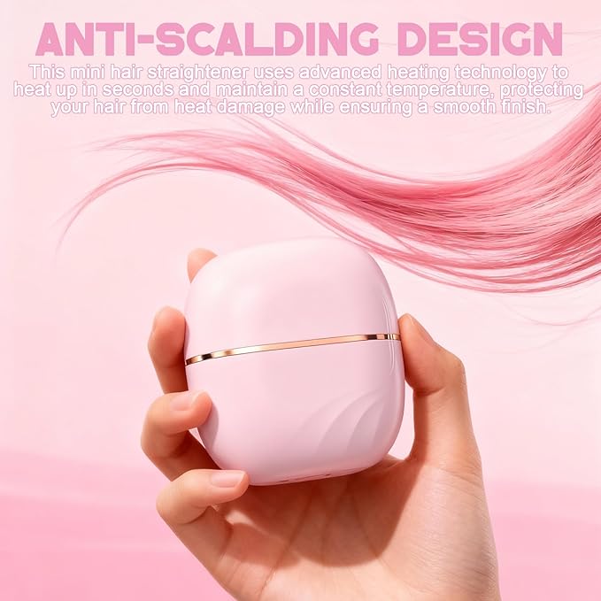 Mini Straightener Brush, Rechargeable Portable Hair Straightener Brush, 3-Speed Temperature Control, Anti-Scald Shell, Lightweight and Portable for Home Travel Gift (Pink)