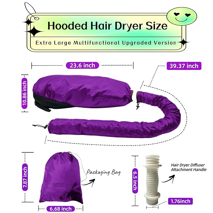 Hooded Hair Dryer for Curly Hair, Large Adjustable Blow Dryer Cap, Portable Hair Dryer Bonnet Attachment, Soft Diffuser for Fast Drying & Deep Conditioning, Headband Integrated Design (purple)