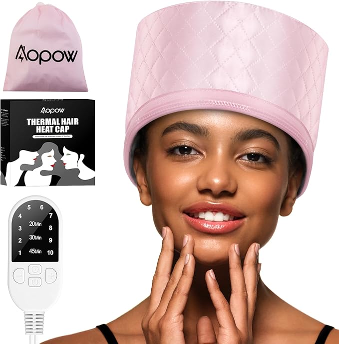 Heat Cap for Deep Conditioning: 10-Level Heats Up Quickly 3 Time Settings Hair Steamer for Natural Hair Home Use Thermal Steam Cap for Black Hair Portable Heating Caps Pink