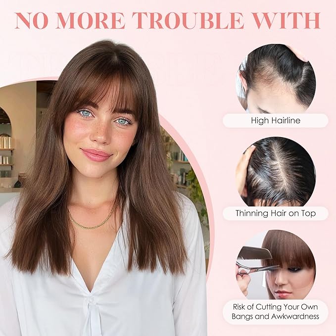 Hairro Human Hair Toppers with Wispy Bangs, 3.5x4.7" Hand-wovened Base for Women with Thinning Hair, Lightweight & Breathable Realistic Scalp, Clip-in Hairpieces for Easy Wear, 12 Inch Blondish Brown
