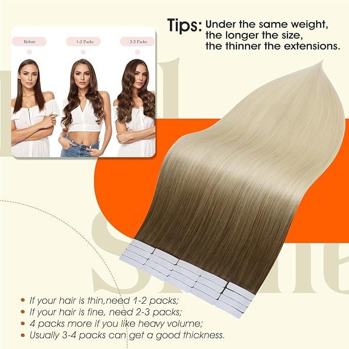 Full Shine Blonde Balayage Tape in Hair Extensions Real Human Hair Seamless Tape in Extensions Brown To Blonde 3/8/613 Double Sided 14Inch Invisible Seamless Skin Weft 50G 20Pcs Remy Natural Straight
