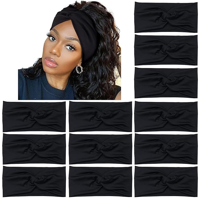 Yeshan Black Headbands for Women No slip Wide Stretchy Headband Twist Knotted Head bands Yoga Workout Sport Hair bands,Pack of 12