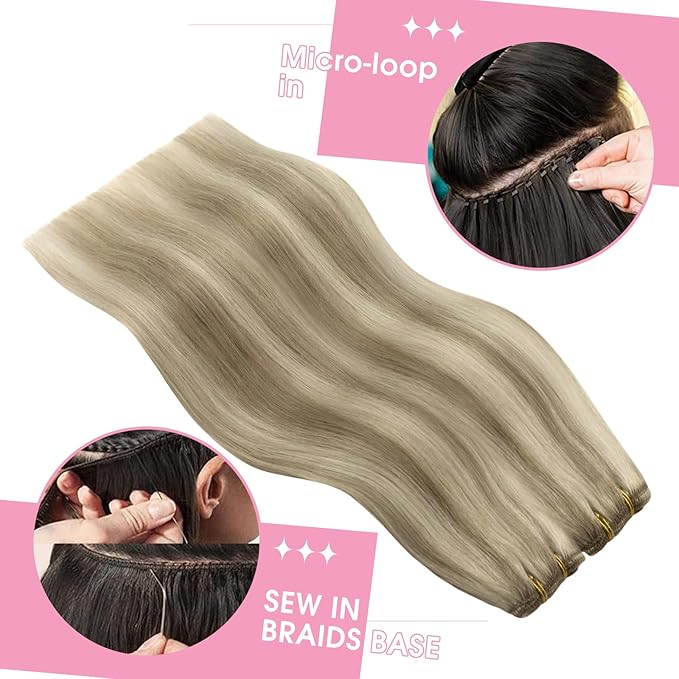 YoungSee Weft Hair Extensions Human Hair Highlight Hair Extensions Sew in Light Brown with Blonde Highlight Weft Extensions Soft Remy Hair 16Inch 100G