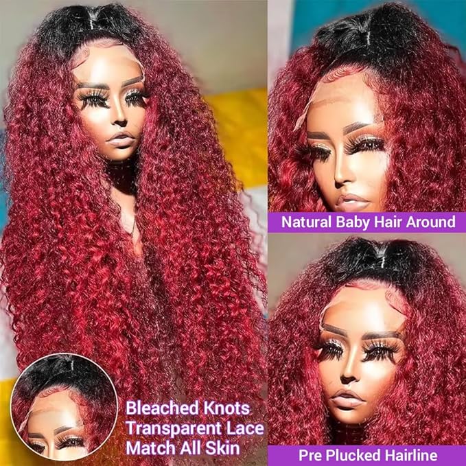 AMIRTY 30Inch 250 Density Burgundy Deep Wave Lace Front Wigs Human Hair Pre Plucked Wigs 13x6 1B/99J Water Wave Human Hair for Women Drawstring Wig Human Hair13x6 HD Burgundy Deep Human Hair Wig