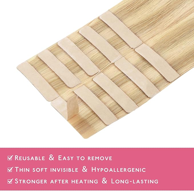 WENNALIFE Tape in Hair Extensions Human Hair Light Blonde Highlighted Golden Blonde Tape in Extensions, 10pcs 30g 20 inch Remy Invisible Tape Ins Straight Soft Real Human Hair Tape in Extensions