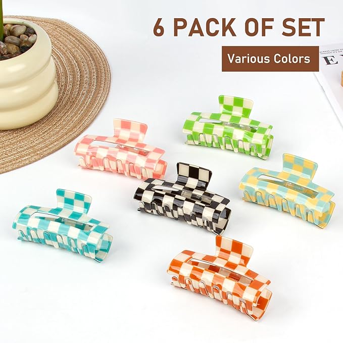 Checkered Claw Clip for Women, 6 Pack Multicolored Rectangle Hair Barrettes, Strong Hold Non-Slip Design Hair Clips Accessories for Thick & Thin Curly Hair, Comfortable All-Day Wear for Girls