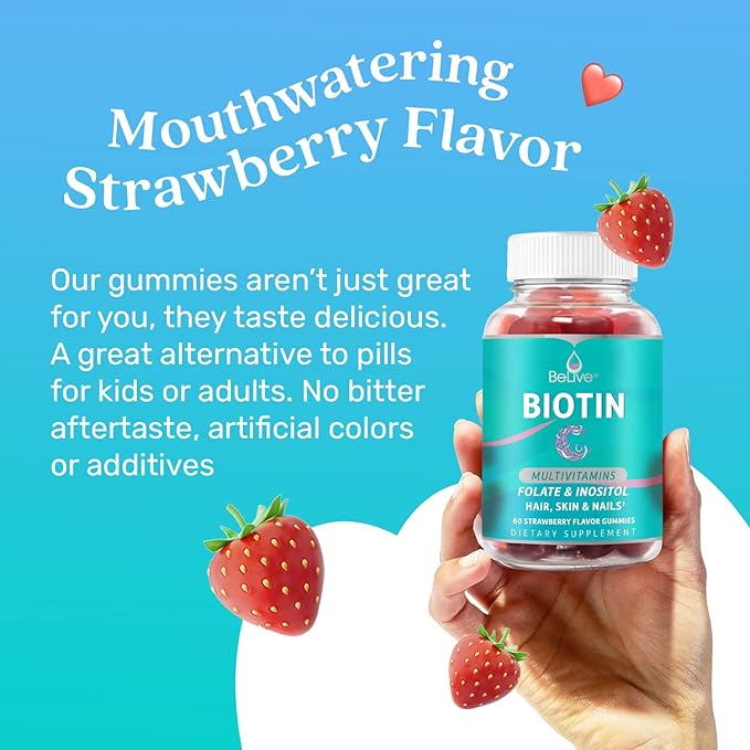 BeLive Biotin Gummies with MultiVitamins, Folate, Inositol – Supports Hair Growth, Healthy Skin & Nails – Vegan, Pectin Based – Strawberry Flavor (2)
