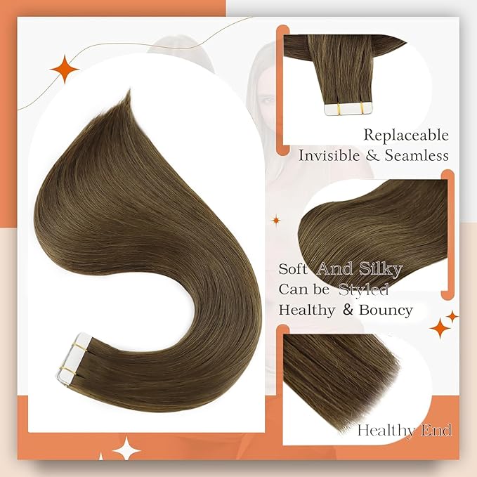 Full Shine Remy Tape in Hair Extensions Human Hair Long Silky Straight Hair Extensions Color 3 Brown Tape ins 50Gram Invisible Extension Seamless Skin Weft Extension 20Pcs 22 Inch Natural