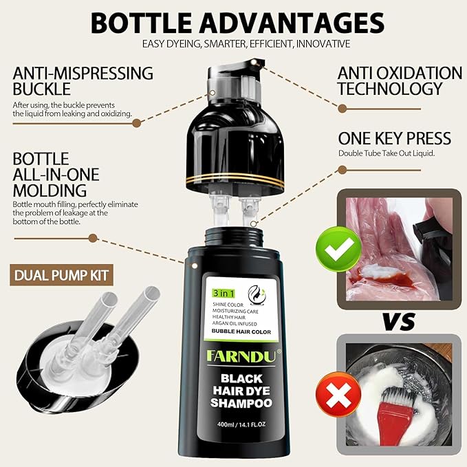 Black Hair Dye Shampoo- Gray Coverage, Herbal Natural 3 in 1 Hair Color Shampoo for Men & Women