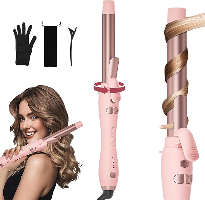 Extra-Long Barrel Rotating Curling Iron with Short Clamp, Automatic Curling Iron 1 Inch Creates Loose Curls – for Medium and Long Hair, High Heat 410°F, Instant Heat up, Double Ceramic, Dual Voltage