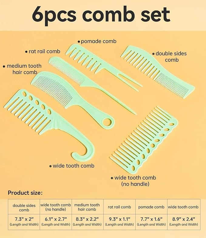 6PCS Professional Hair Comb Set for Women & Men Rat Tail, Wide & Fine Tooth Combs for Curly Hair, Braiding, Barber Styling, Cutting & Parting (Green)