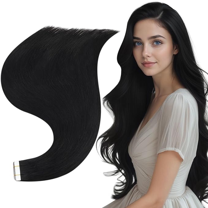Full Shine Black Hair Extensions Skin Weft Color Jet Black 16 Inch Seamless Soft Natural Tape in Remy Invisible Human Hair Extension for Women 20Pcs 50Grams Brazilian Silky Add Volume