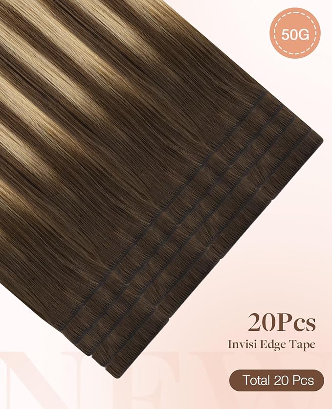 GOO GOO Invisi Edge Tape in Hair Extensions Human Hair, 4/18 Balayage Chocolate Brown Highlighted Dirty Blonde, 20pcs 16inch 50g, Virgin Remy Hair, Seamless Injected Tape, Natural Look