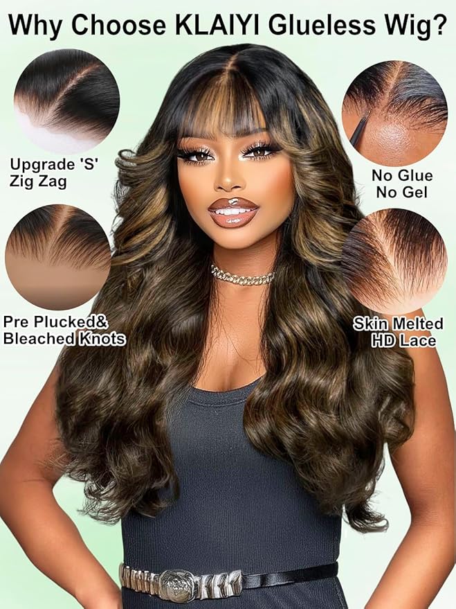 KLAIYI Ombre Brown Loose Body Wave Bye Bye Knots Glueless Precut 7x5 HD Lace Front Human Hair Bang Wig Drawstring Highlight Balayage Brown Pre Plucked Bleached 30S Ready to Wear and Go Wig 180% 26Inch
