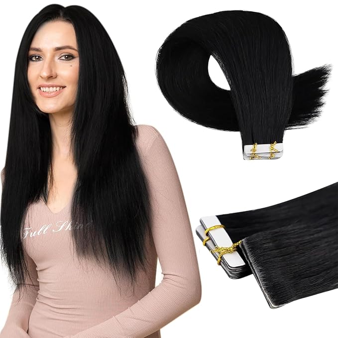 Full Shine Insert Virgin Tape in Hair Extensions Color Black Seamless Human Hair Tape in Extensions 25Gram Invisible Injection Tape Hair Extensions Real Human Hair 24Inch 10Pcs for Travel