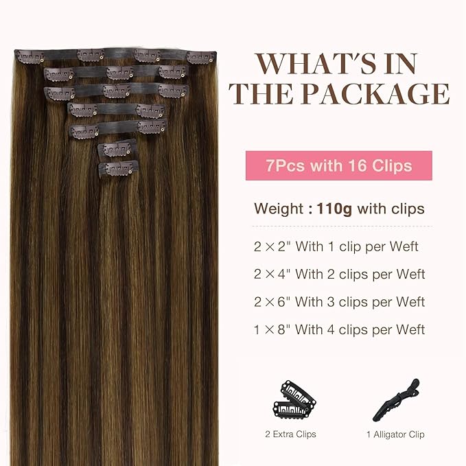 GOO GOO Clip in Hair Extensions Real Human Hair, Remy Human Hair Extensions Clip ins for Women, Natural Human Hair, 20 Inch 130g 7Pcs, 2C/4E/6C Brown Sugar Swirl Highlights