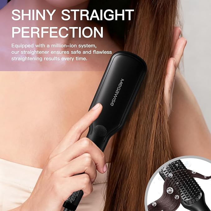 MEGAWISE Pro Ceramic Ionic Hair Straightener Brush for Home Salon | MCH Fast 20s Heating Tech with Auto-Off Safety | Anti-Scald with Universal Dual Voltage | Rotatable Power Cord (Black)