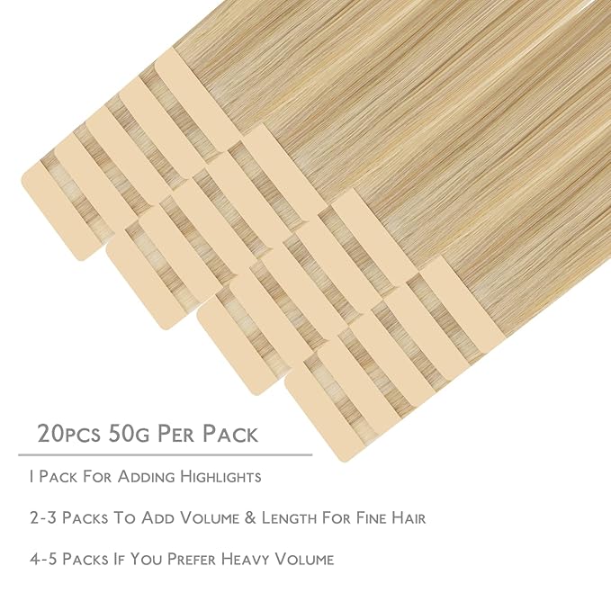WENNALIFE Tape in Hair Extensions Human Hair, 20pcs 60g 26 inch Light Blonde Highlighted Golden Blonde Remy Hair Extensions Straight Human Hair Tape in Extensions Skin Weft Tape Extensions Human Hair