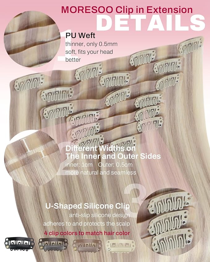 Moresoo Seamless Clip in Hair Extensions for Wome Real Human Hair Blonde Highlight Remy PU Weft Human Hair Clip in Extensions Bleach Blonde with Cool Ash Blonde with A Hint of Pink 7pcs 120g 22Inch