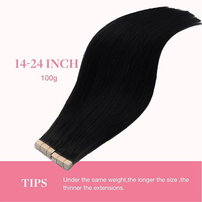 GOO GOO Tape in Hair Extensions Human Hair, 1 Jet black, 22inch 100g 40pcs, Skin Weft Seamless Invisible, Silky Straight with Thick Ends, Remy Human Hair