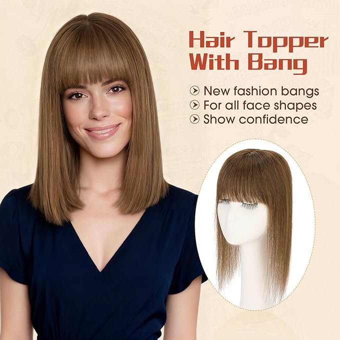 Rich Choices Human Hair Toppers for Women-100% Real Remy Hair Topper with 3D 360°Bang-Upgraded 150% Density 9 * 12CM Lace Base-Clip in Hairs topper for Thinning Hairs-10Inch #4 Medium Brown