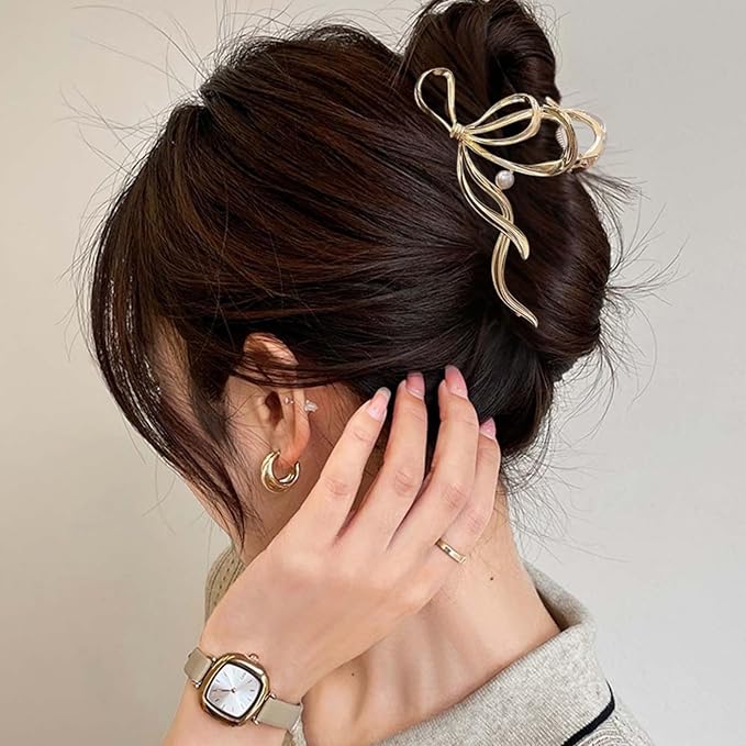 Metal Bow Hair Clips Bow Hair Claw Clips with Pearl Large Bowknot Claw Clip Strong Hold Nonslip Hair Jaw Clip for Thin Thick Hair Stylish Hair Accessories for Women Gold