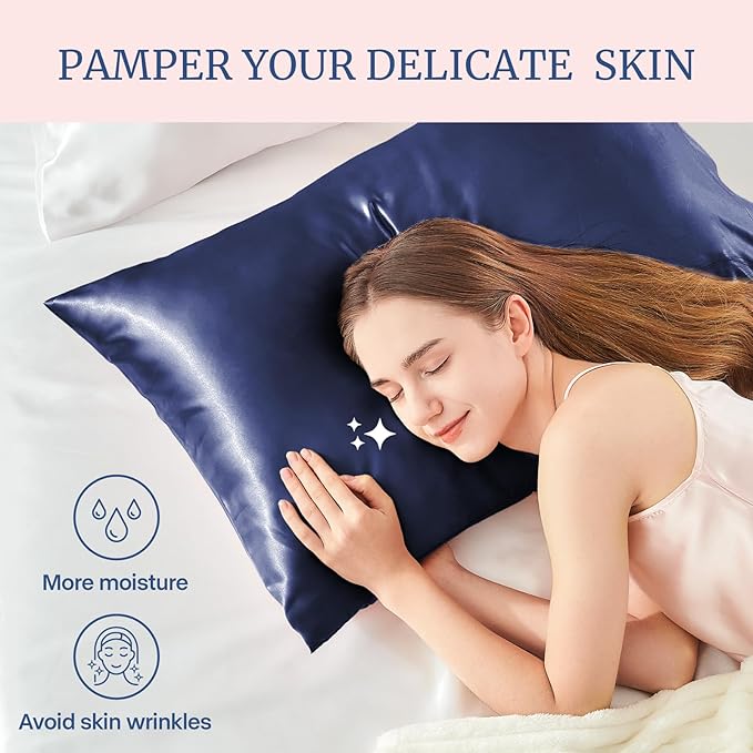 BEDELITE Satin Pillowcase for Hair and Skin, Super Soft and Cooling Similar to Silk Pillow Cases 2 Pack with Envelope Closure, Gift for Women Men(20"x26" Standard Size, Navy)