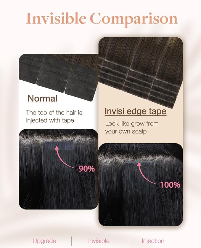 GOO GOO Invisi Edge Tape in Hair Extensions Human Hair, 2/6/18 Balayage Brown to Dirty Blonde 10pcs injected with 10pcs classical tape ins, 24inch 50g, Virgin Remy Hair, Natural Look