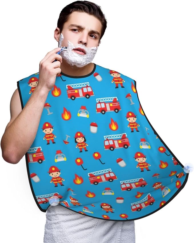 Beard Grooming Cape, Waterproof Hair Catcher for Shaving Trimming, Non-Stick Bib Apron Gifts for Dad Men, Cute Red Fire Truck Blue Shave Bib