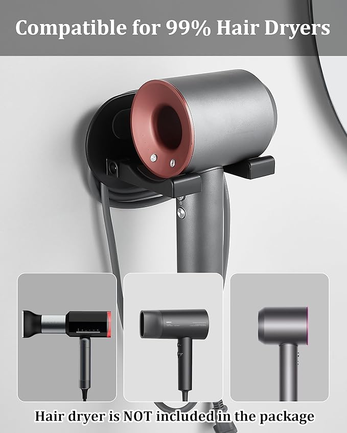 Hair Dryer Holder Wall Mounted,New Upgrade90’ Foldable design Improve space ytilization，Space Organizer for Bathroom Bedroom Washroom (Black, Aluminum Alloy)