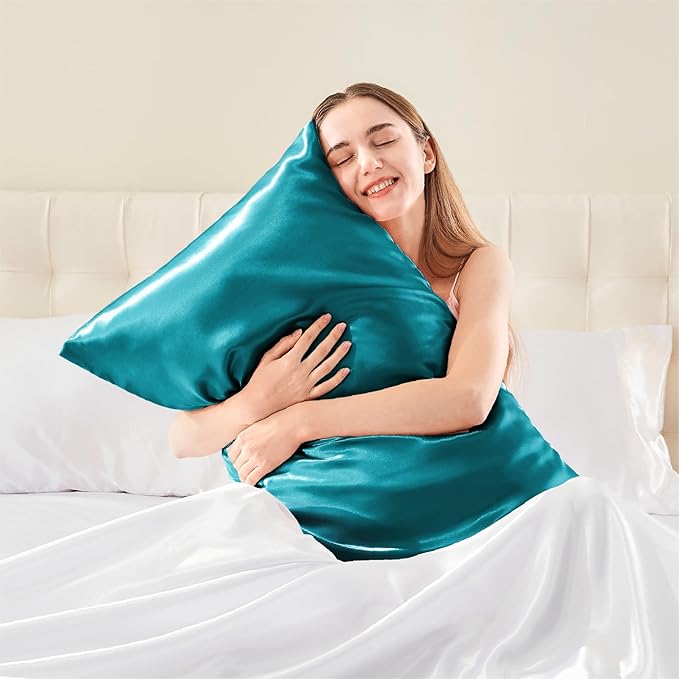 BEDELITE Satin Pillowcase with Zipper 2 Pack, Teal Pillow Cases Standard Size, Super Soft and Cooling Similar to Silk Pillow Cases, Gift for Women Men(20x26 Inches)