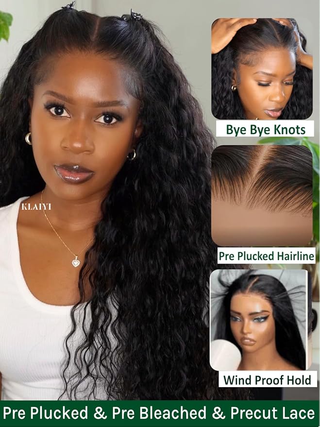 KLAIYI Bye Bye Slip™ Water Wave 7X5 Precut Lace Front Human Hair Wig Drawstring Glueless 3S Ready to Wear and Go Wig with Baby Hair Pre Plucked Bleached Bye Bye Knots Curly Wig 180%Density Full 16Inch