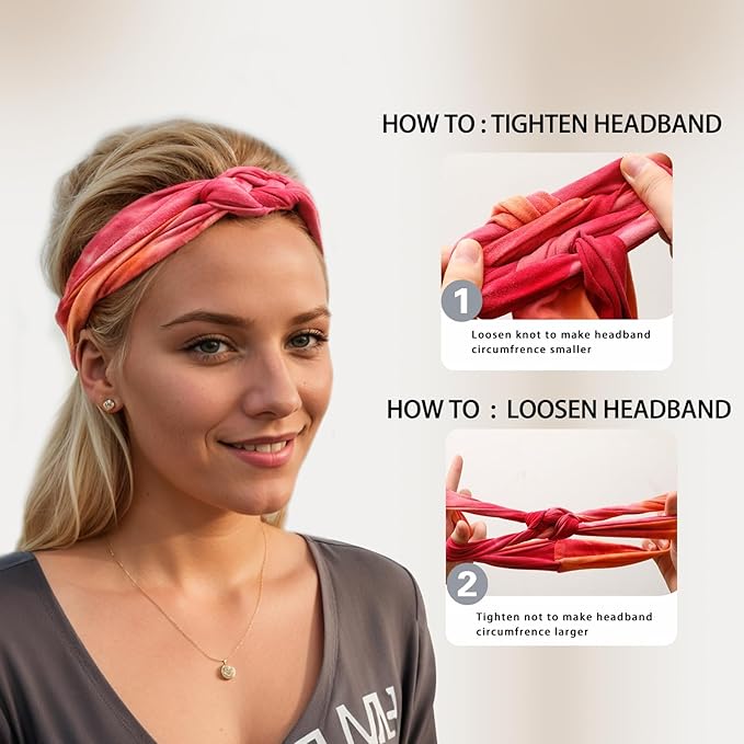 Vercret Headbands for Women Tie Dye Sailor Knot Headband Wide Elastic Adjustable Braided Hair Bands Non Slip Boho Stretchy Turban Headwrap Yoga Workout,3 PCS