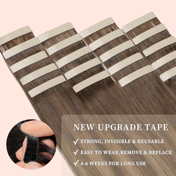 Human Hair Tape in Extensions Chocolate Brown Mixed Honey Blonde 22 Inch 20pcs Tape in Hair Extensions Human Hair Sided Remy Invisible Tape in Hair Extensions Human Hair (4/4/27#,22 Inch)