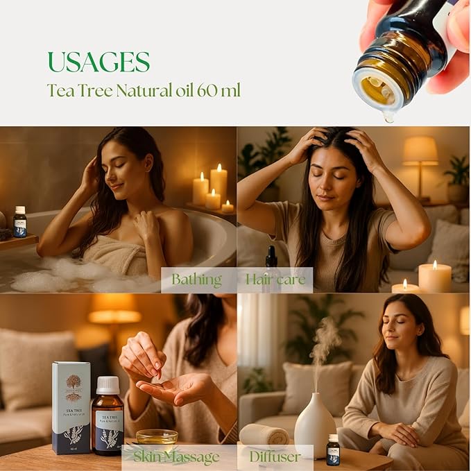 Roots & Above 60ml Pure Tea Tree Essential Oil – 99% Aroma Natural Cold-Pressed Oil for Skin, Face, Hair, Massage, Diffusers, Soap & Candle Making