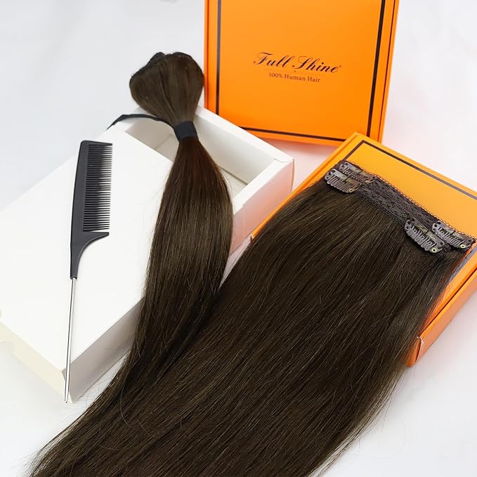 Full Shine Dark Brown Hair Extensions Real Human Hair Clip ins Brown Real Hair Clip in Extensions for Woman Straight Hair 14 Inch 3 PCS 60 G