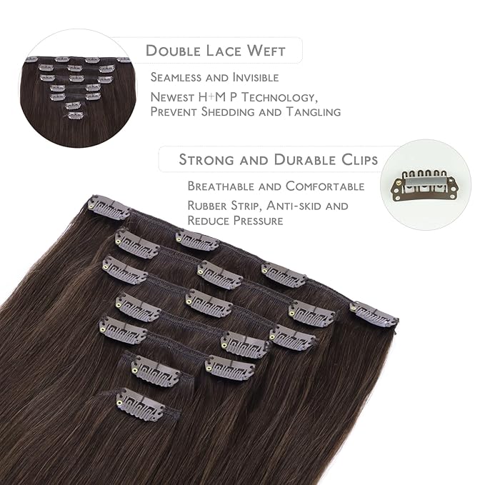 WENNALIFE Clip in Hair Extensions Real Human Hair, 24 Inch 120g 7pcs Light Dark Brown Hair Extensions Clip in Human Hair Remy Clip in Hair Extensions Real Human Hair Double Weft