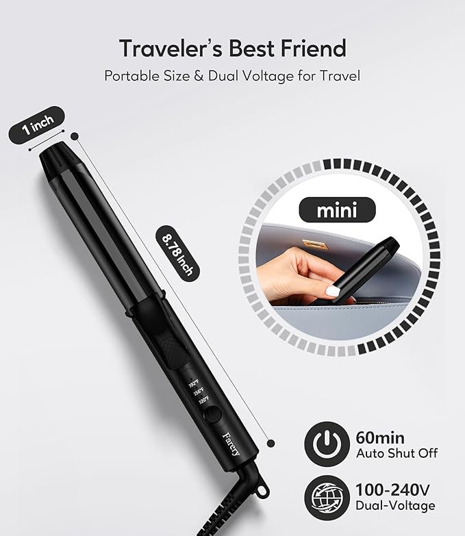 FARERY Travel Curling Iron, 1 Inch Mini Curling Iron Travel Size with 3 Adjustable Temp, 100-240V Dual Voltage, Auto-Off, Ceramic Mini Hair Curler with Keratin&Argan Oil Infuse, Includes Storage Bag