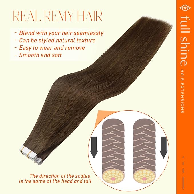 Full Shine Brown Tape In Hair Extensions Human Hair 20 Inch Seamless Skin Weft Hair Color 4 Medium Brown Straight Silky Hair Extensions Tape Ins 40 Pcs Invisible Tape In Extensions 100 Gram Add Volume