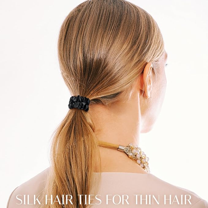 OLESILK Silk Hair Tie - 100% Mulberry Silk Scrunchies, Soft and Gentle Hair Accessories, Skinny for Women with Thin Fine Hair, 3 Count, Brown