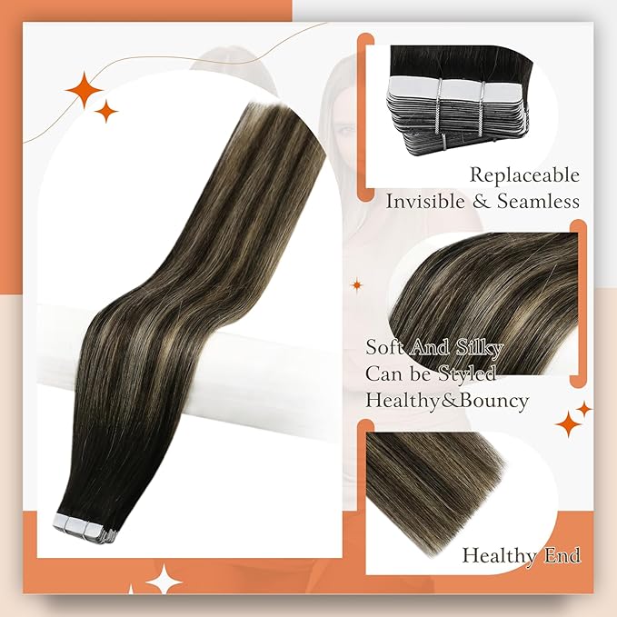 Full Shine Tape in Hair Extensions Color 1B Black Ombre 27 Blonde And 1B Remy Human Hair Tape in Extensions 22Inch Seamless Invisible Extension 100G 40Pcs for Women Natural