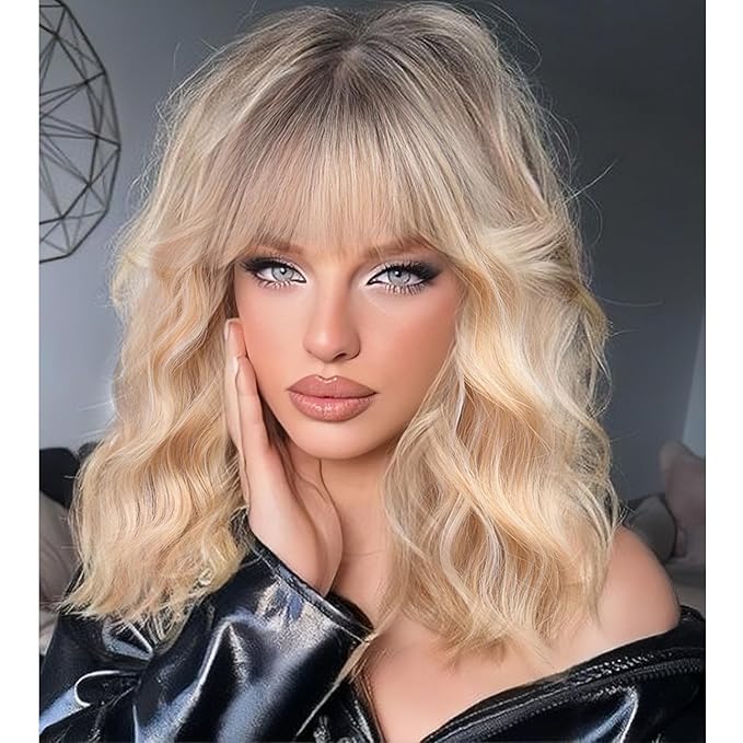 Curly Bob Wig with Bangs Short Wavy Ombre Blonde Wigs for Women Lob Haircut Synthetic Heat Resistant Bob Wigs 14IN