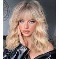 Curly Bob Wig with Bangs Short Wavy Ombre Blonde Wigs for Women Lob Haircut Synthetic Heat Resistant Bob Wigs 14IN