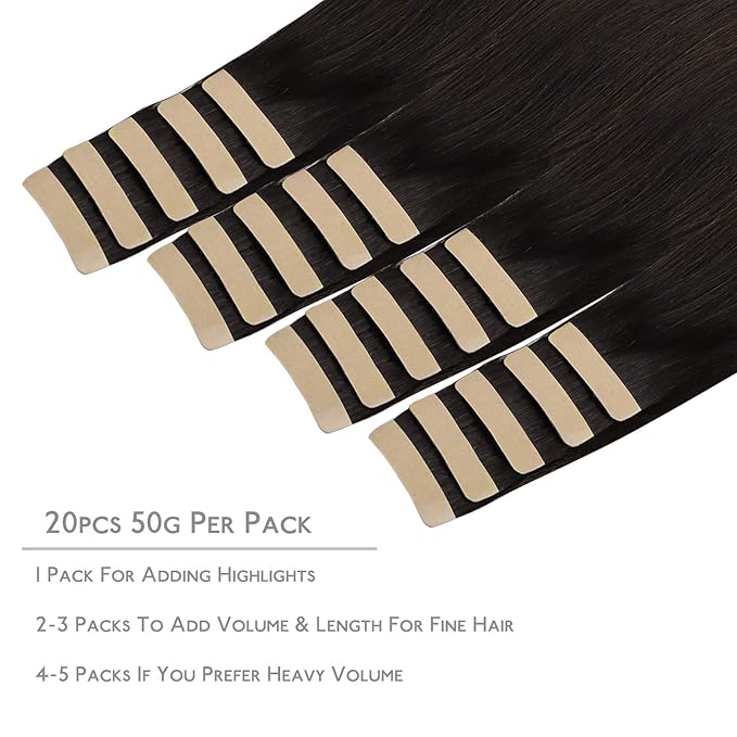WENNALIFE Tape in Hair Extensions Human Hair, 20pcs 50g 20 inch Dark Brown Remy Hair Extensions for Women Tape Ins Straight Extensiones De Cabello Humano Skin Weft
